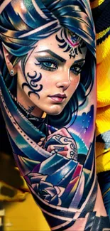 Tattoo art featuring a vivid, colorful design on an arm.