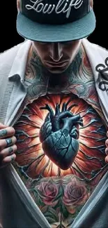 Man with vibrant heart tattoo on chest.