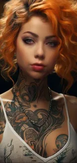 Vibrant tattooed portrait with orange hair.