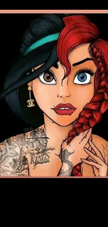 Bold tattoo art portrait with red and black hairstyle.