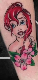 Tattoo art wallpaper with red-haired character and pink blossoms.