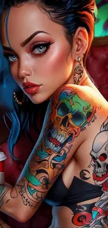 Vibrant tattoo art wallpaper with a stylized figure.