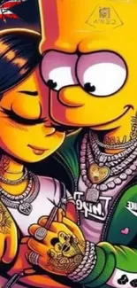 Cartoon couple with colorful tattoos and vibrant style.