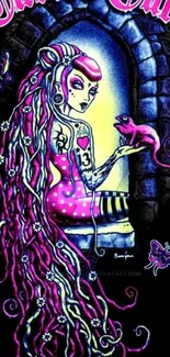 Colorful tattoo girl holding a mouse in artistic style on a phone wallpaper.