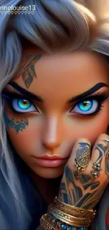 Vibrant anime character with tattoos and striking blue eyes.