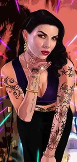 Vibrant tattooed woman with city lights in the background on wallpaper.