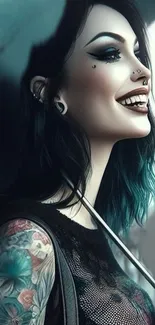 Smiling tattooed woman in artistic wallpaper with turquoise accents.