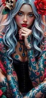 Fantasy art wallpaper with a tattooed woman and vibrant colors.