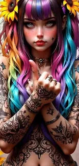 Colorful tattooed girl with vibrant hair and flowers.