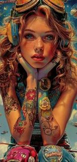 A vibrant, tattooed girl with headphones in a cosmic, artistic setting.