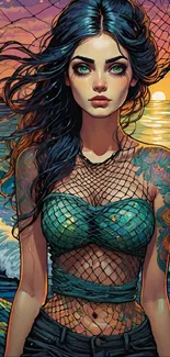 Tattooed mermaid in ocean sunset with netted outfit and sea waves.