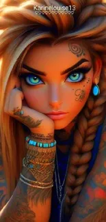 Tattooed character with blue eyes, vibrant jewelry, and braided hair.