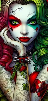 Colorful tattooed woman with vibrant hair and intricate tattoos, digital art.