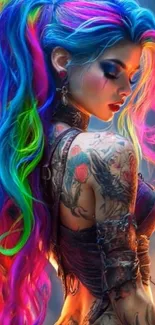 Vibrant woman with colorful hair and tattoos in artful setting.