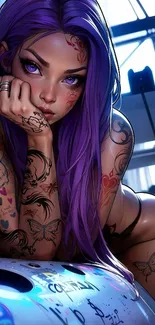 Illustration of a tattooed woman with purple hair in an edgy pose.