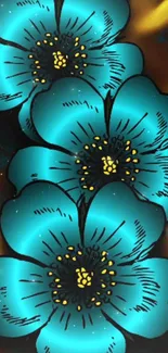 Vibrant teal flower wallpaper on dark background.