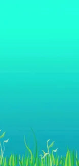 Teal gradient background with grass design.