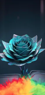 Teal rose with colorful splashes on a dark background, digital art.