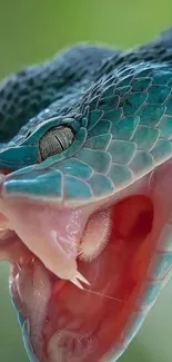 Close-up teal snake with open mouth, vivid scales, and natural background.