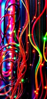 Colorful tech cables with glowing lights in a vibrant wallpaper.