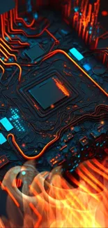 Futuristic vibrant circuit board wallpaper in red and blue tones.