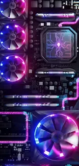 Futuristic circuit board wallpaper with neon lights.