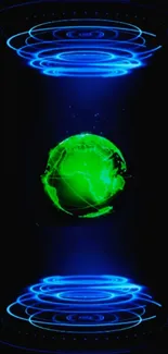 Neon green Earth with glowing blue rings on black background wallpaper.