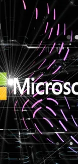 Colorful Microsoft logo with neon effect on black background.