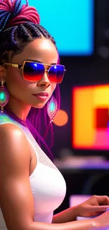 Vibrant woman in tech setting with colorful hair and sunglasses.