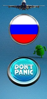 Phone wallpaper with airplane, Russian flag, Android mascot, and 'Don't Panic' button.