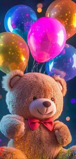 Fluffy teddy bear with bright balloons.