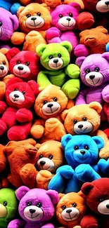 Colorful teddy bear wallpaper with red, blue, and purple teddies.