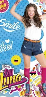 Vibrant Soy Luna wallpaper with colorful patterns and characters.