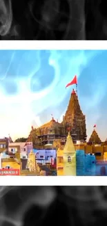 Vibrant temple cityscape under a blue sky with colorful architecture.