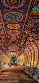 Colorful temple corridor with intricate artistic patterns, vibrant and historic.