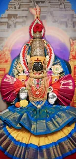 Intricate temple deity with vibrant colors and cultural symbols.