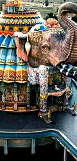 Vibrant elephant sculpture temple with colorful artistic design.