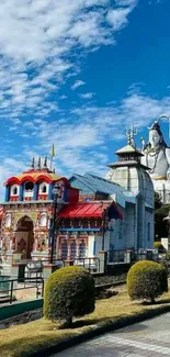 Colorful temple with blue sky background.