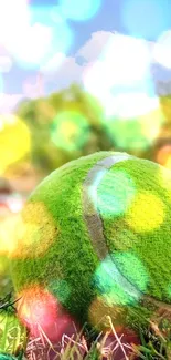 Vibrant green tennis ball on lush grass under a blue sky.