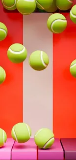 Vibrant tennis balls against colorful striped background.