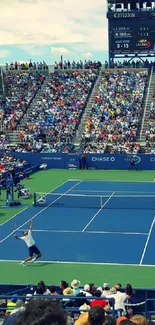 Lively tennis match with a full crowd in a vibrant stadium setting.