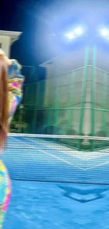 Woman in colorful outfit on tennis court at night.