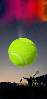 Bright tennis ball under a colorful night sky with silhouette of player.