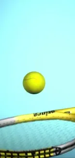 Tennis ball and racket on sky blue background