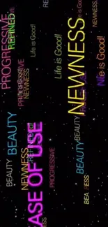 Colorful text with words on black starry background.