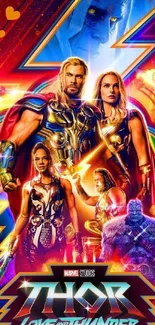 Colorful 'Thor: Love and Thunder' movie poster with Marvel characters.