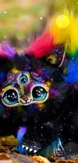 Fantasy creature with rainbow fur and three eyes in a nature scene.