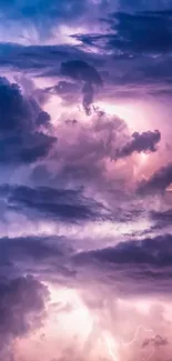 Purple and blue thunderstorm sky with dramatic clouds and lightning.