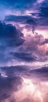 Vibrant thunderstorm with purple clouds and lightning illumination.