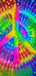 Colorful tie-dye wallpaper with a central peace symbol and vibrant design.